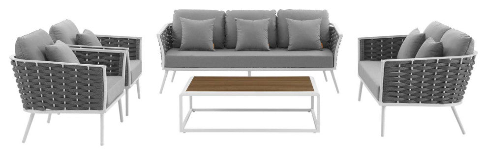 Stance 5 Piece Outdoor Patio Aluminum Sectional Sofa Set, White Gray