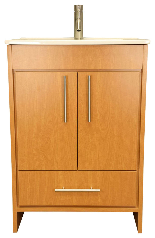 Pacific 24 Vanity With Ceramic Top and Brushed Nickel Handles, Honey Maple