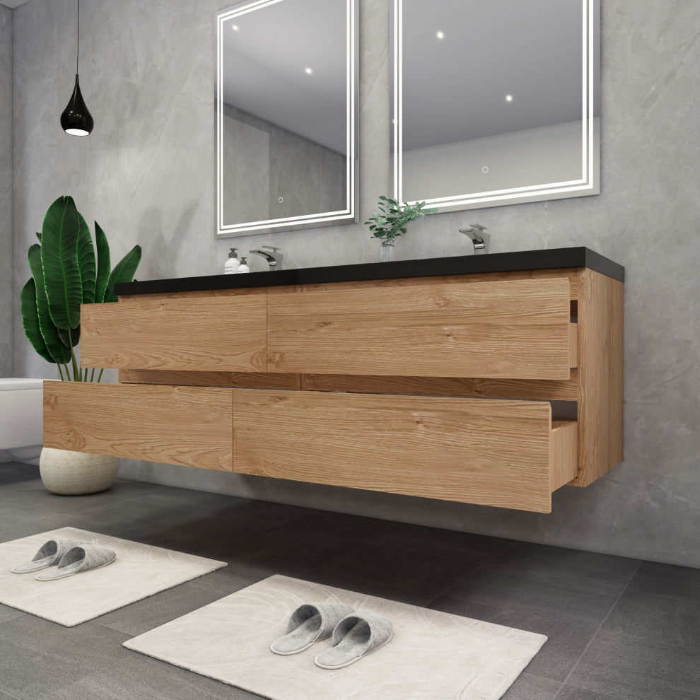 Belli 72" Double Sink Wall Mount Vanity Set, New England Oak, Matt Black Top