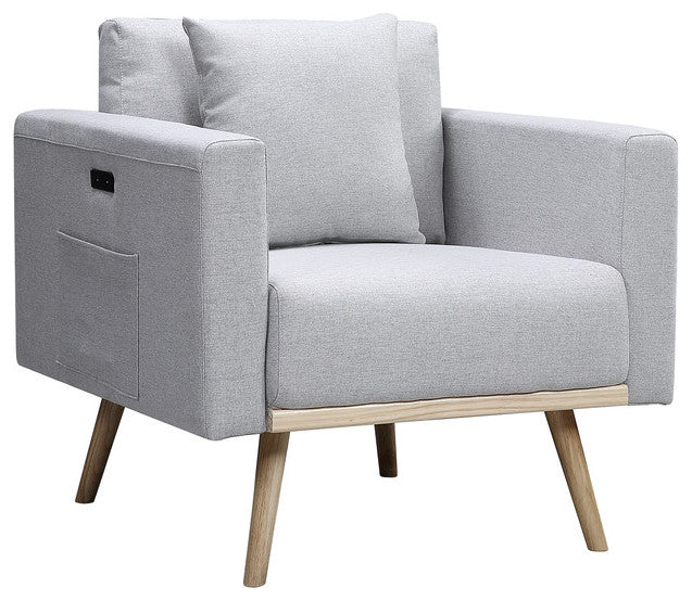 Easton Light Gray Linen Sofa Loveseat Chair, USB Charging Ports Pockets, Pillows