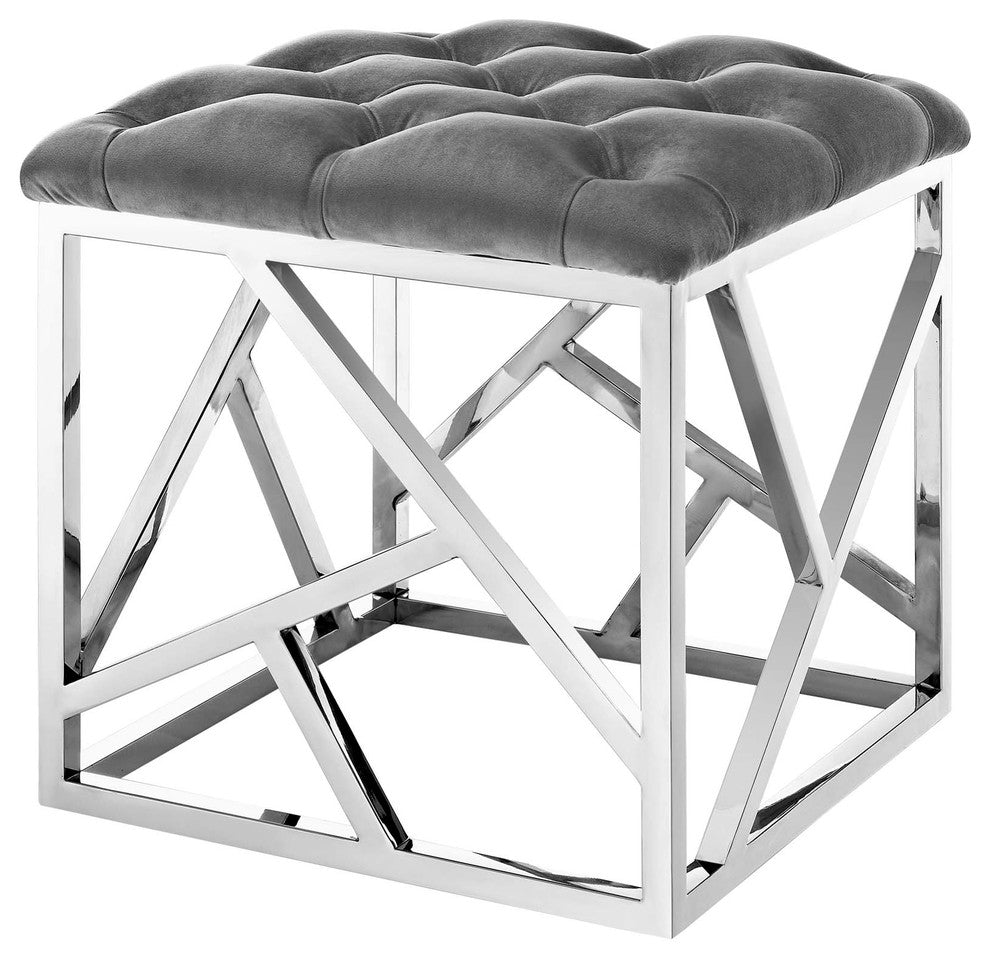 Modern Accent Chair Ottoman, Velvet Fabric Metal Steel, Gray