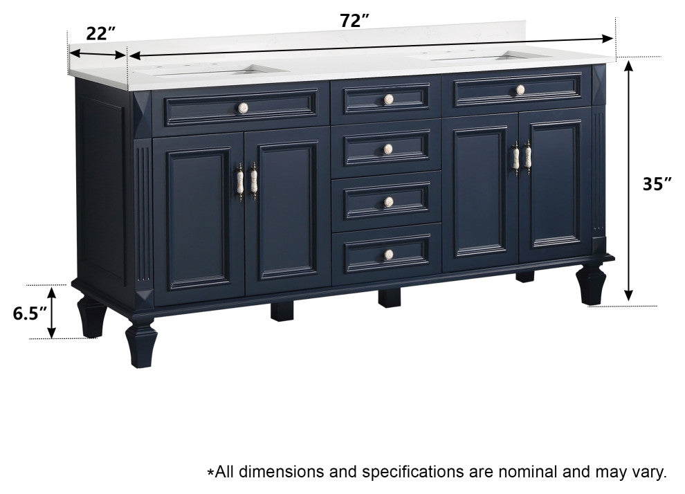 Solid Wood Bathroom Vanity with Quartz Top and cUPC Certified Sink, Navy Blue, 72 Inch