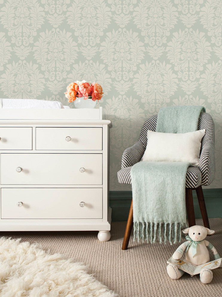 Classic Damask Peel and Stick Vinyl Wallpaper, Sage Green, 24"w X 108"h
