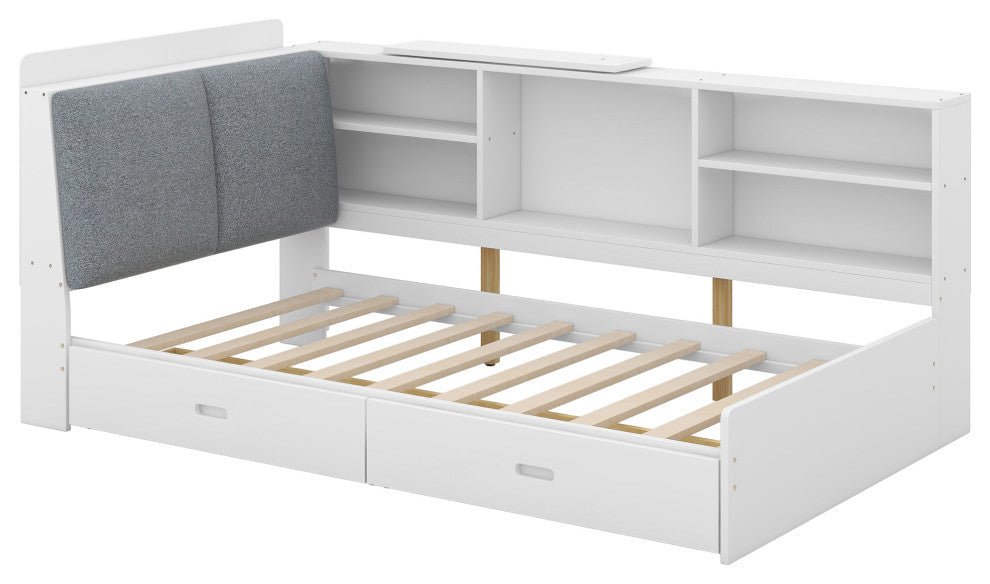 Gewnee Wood Twin Size platform bed with Storage Headboard