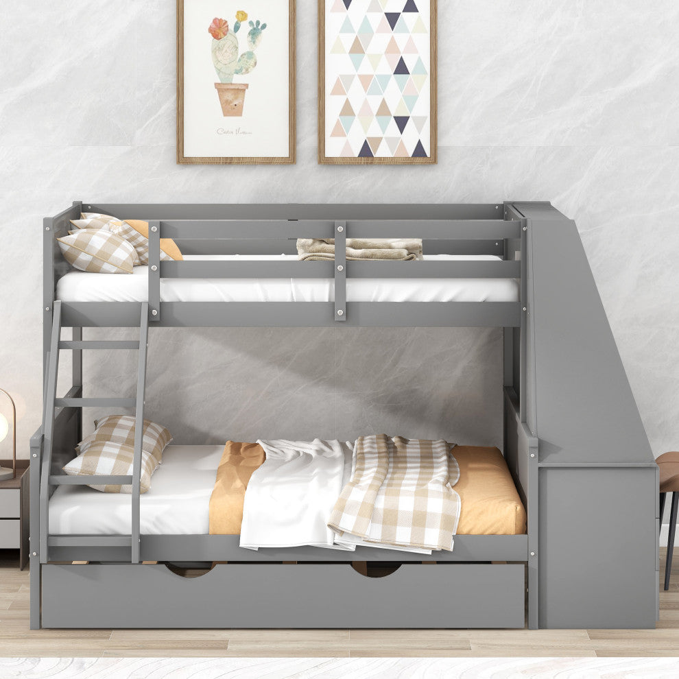 Gewnee Twin Over Full Bunk Bed with Desk Trundle and Built-in Desk  in Gray