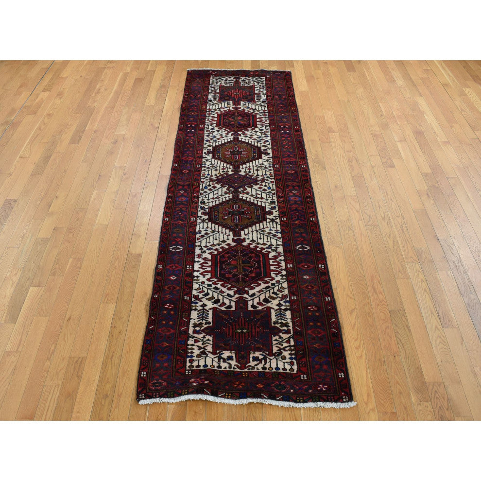 Crimson Red Vintage Persian Karajeh Pure Wool Hand Knotted Runner Rug 3'2"x10'5"