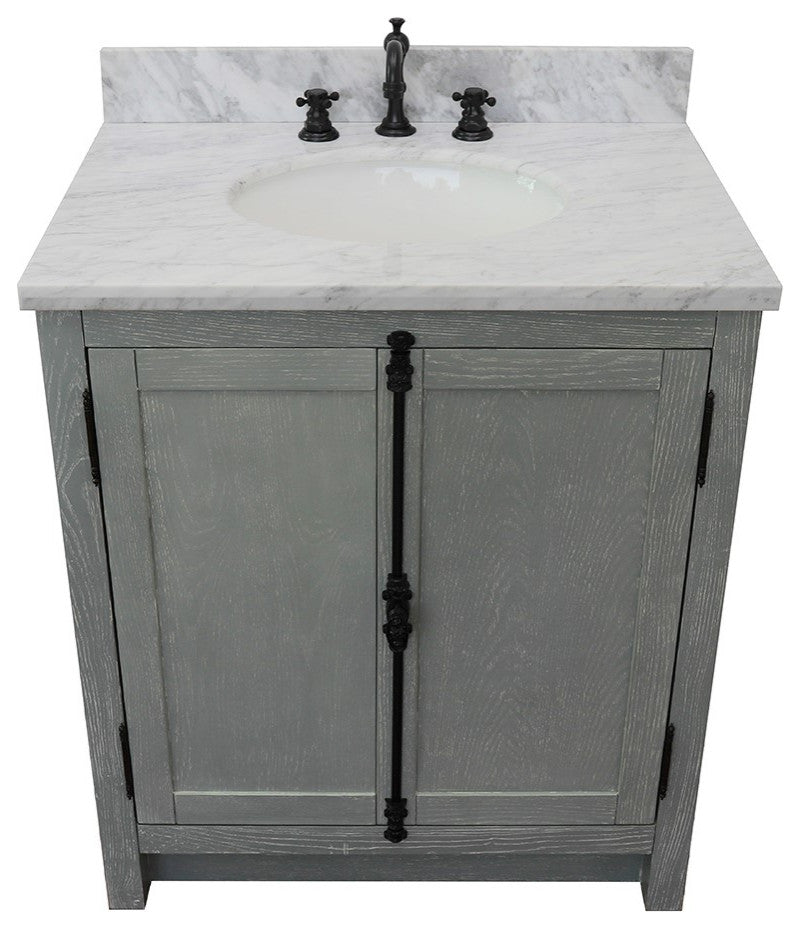 30" Single Vanity, Gray Ash, White Carrara Top, Oval Sink