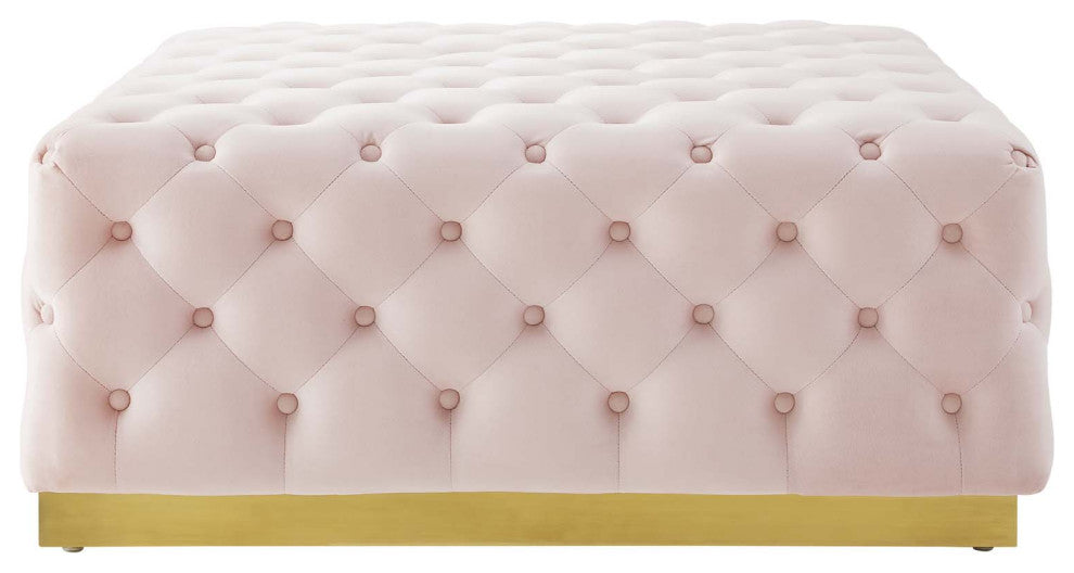 Tufted Accent Chair Ottoman, Square, Velvet, Pink, Modern, Lounge Hospitality