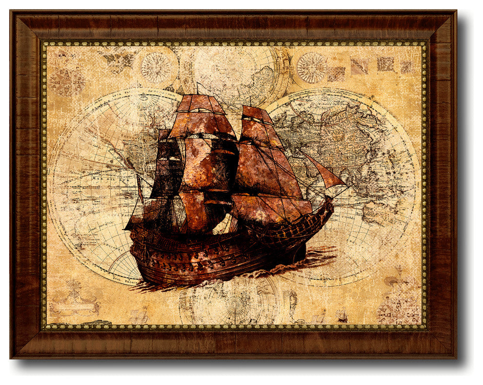 Boat Vintage Nautical Map Print on Canvas with Picture Frame, 21" x 27"