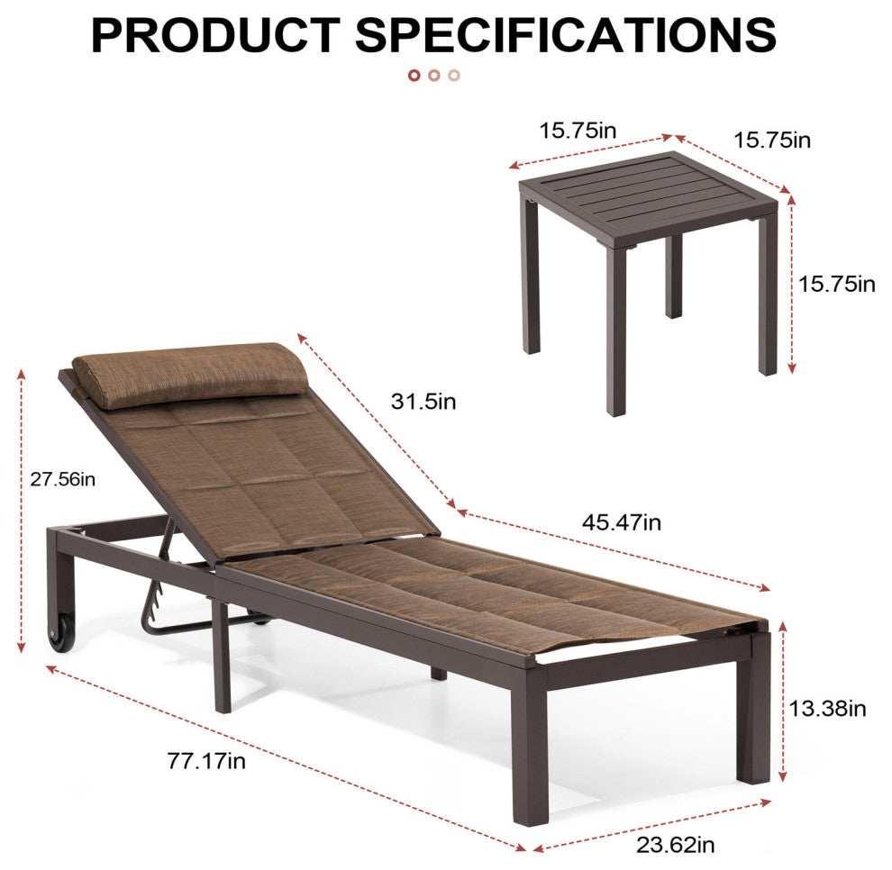 Outdoor Recliner Adjustable Quilted Chaise Lounge Chair and Table Set, Brown