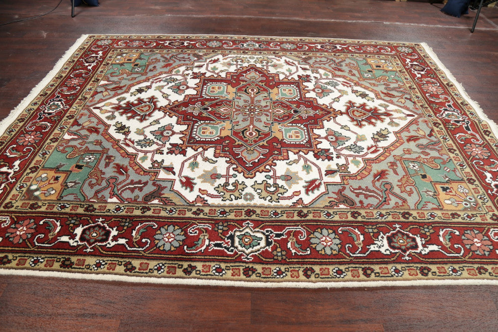 Heriz Oriental Traditional Hand-Knotted Area Rug Indian, Beige, 10'4"x7'11