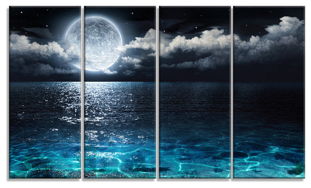 "Romantic Full Moon Over Sea" Seascape Canvas Photo Print, 4 Panels, 48"x28"