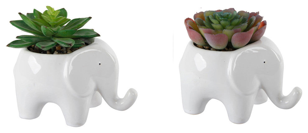 Set Of 2 Ceramic Elephant Pot With Faux Succulent  5"