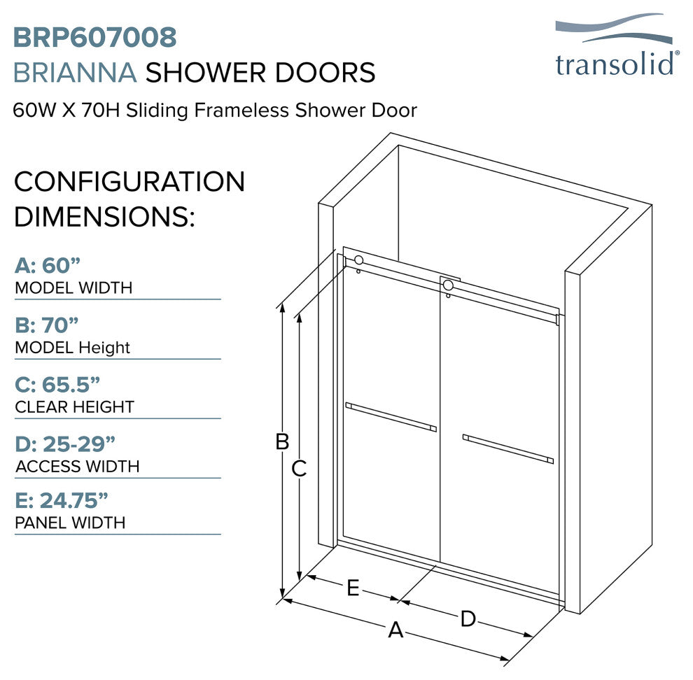 Transolid Brianna 60" W x 70" H Frameless Sliding Shower Door, Matte Black