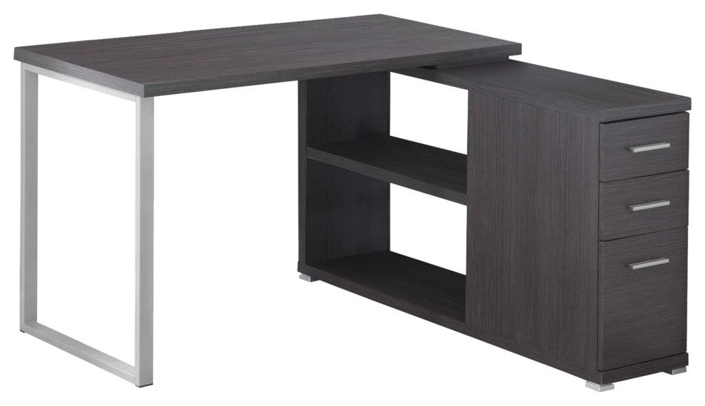L-Shaped Desk, Silver Metal Legs With Slim Storage Drawers & Open Shelves, Gray