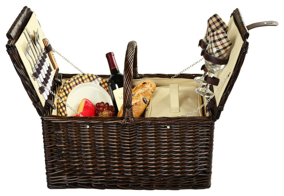 Surrey Picnic Basket For Two, Brown Wicker and London Plaid