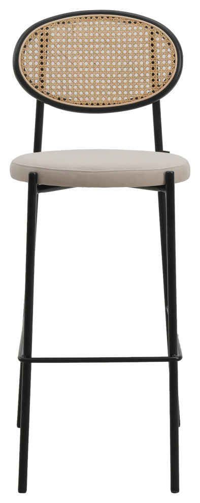 LeisureMod Euston Wicker Bar Stool With Black Steel Frame and Footrest, Beige