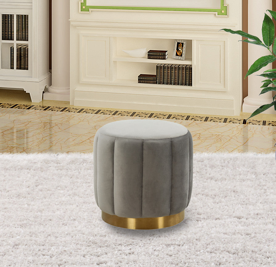 LeisureMod Franklin 19" Round Velvet Ottoman With Gold Base, Light Grey