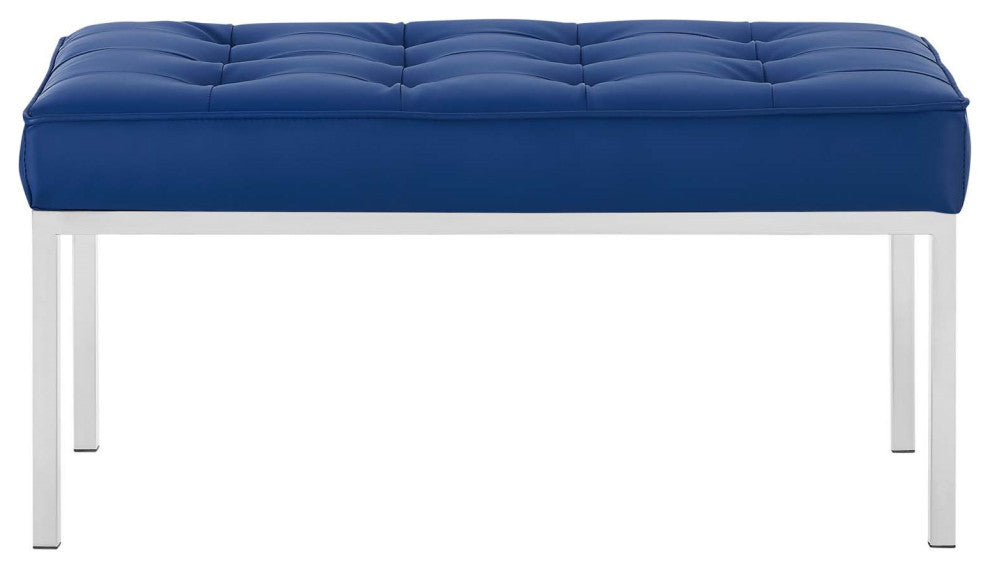 Modern Accent Chair Bench, Faux Vinyl Leather Metal Steel, Navy Blue Silver