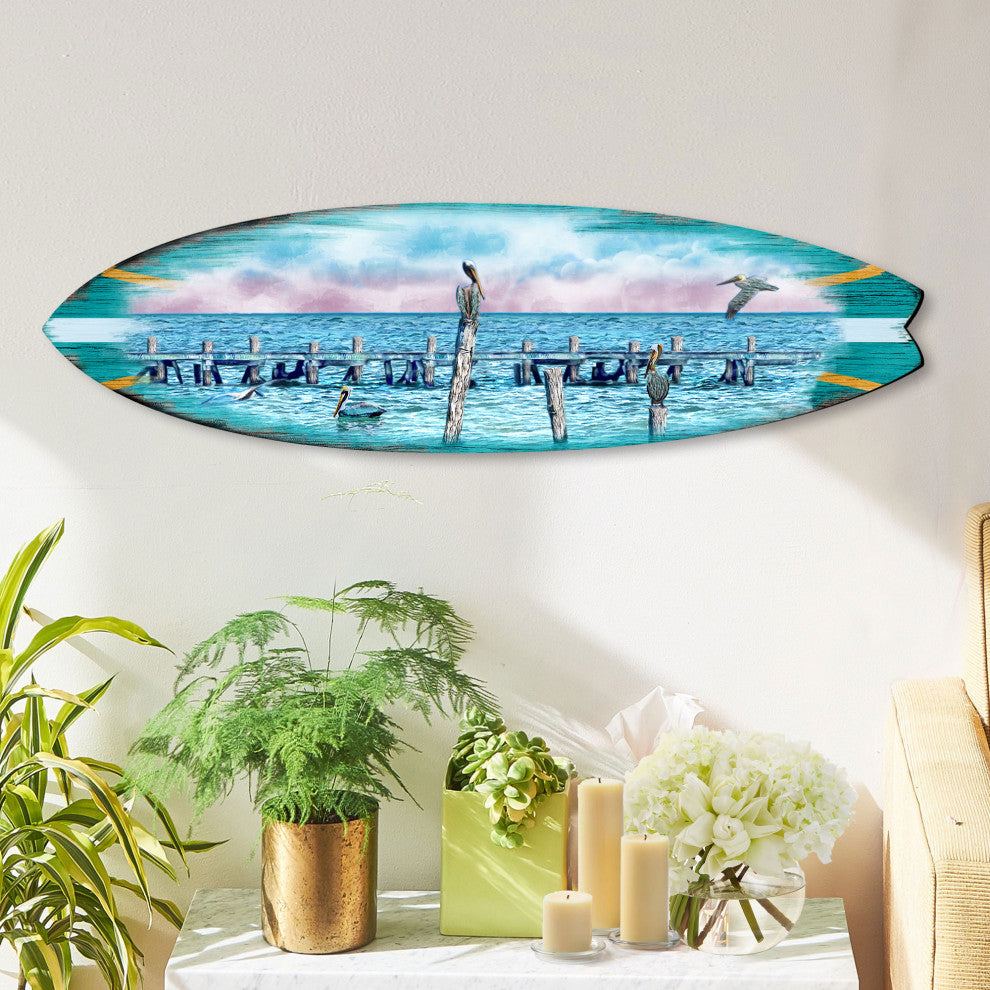 Seabirds Pelicans Surfboard Coastal Door Art, Approximate Size: 36x10