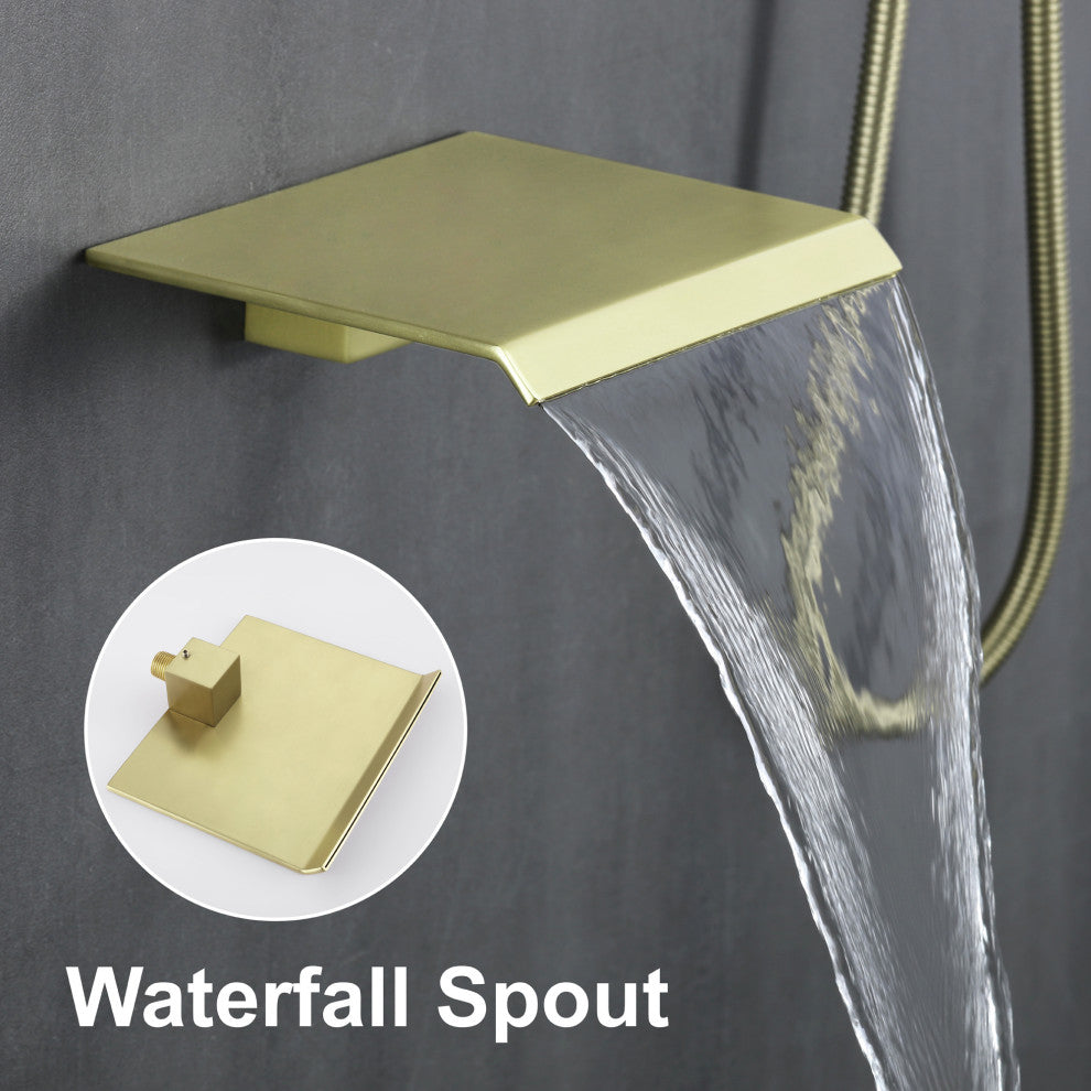 Wellfor Rainfall Shower Faucet, 10" Rain Shower Head With Handheld Combo Set, Brushed Gold