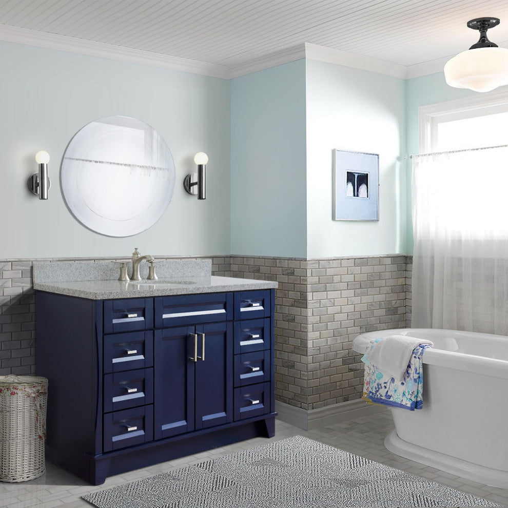 49" Single Sink Vanity, Blue Finish With Gray Granite And Oval Sink