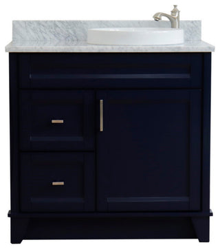 37" Single Sink Vanity, Blue Finish With White Carrara Marble