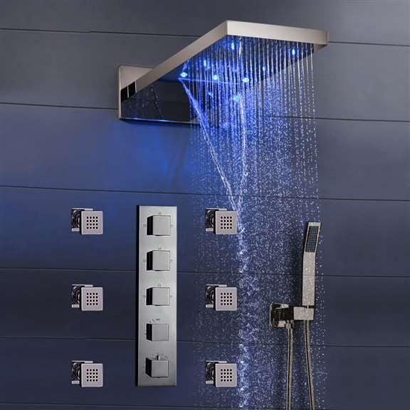Fontana Mugla 22" Brushed Nickel LED Thermostatic Waterfall Rain Shower Head