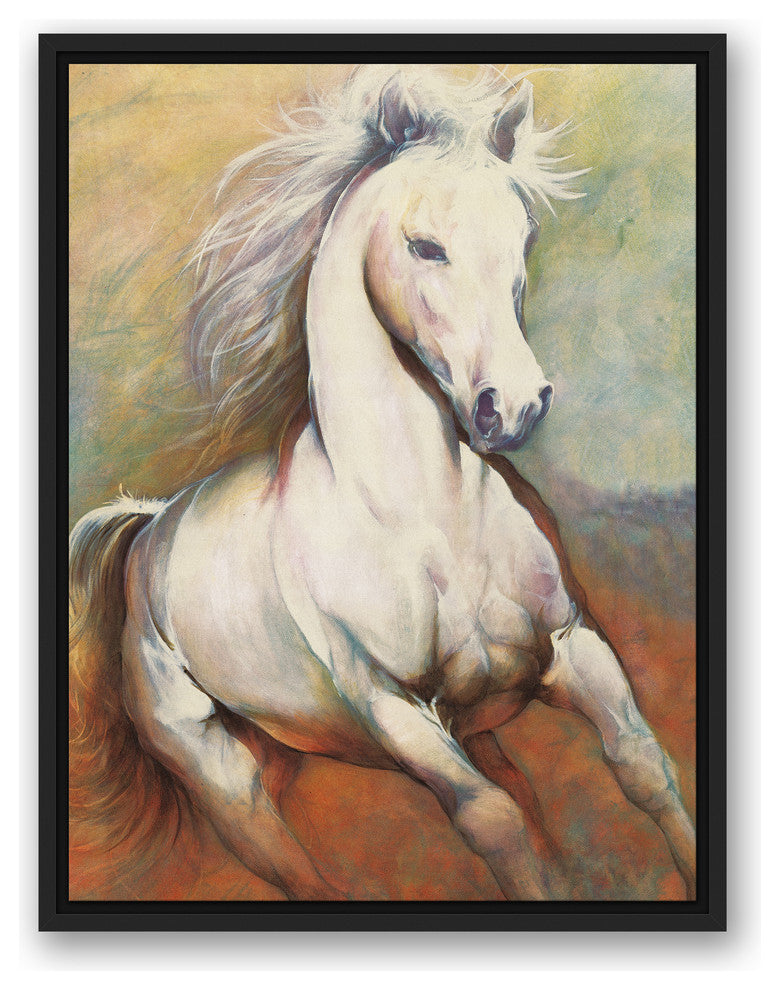 White Horse Running Wild 18x24 Black Floating Framed Canvas