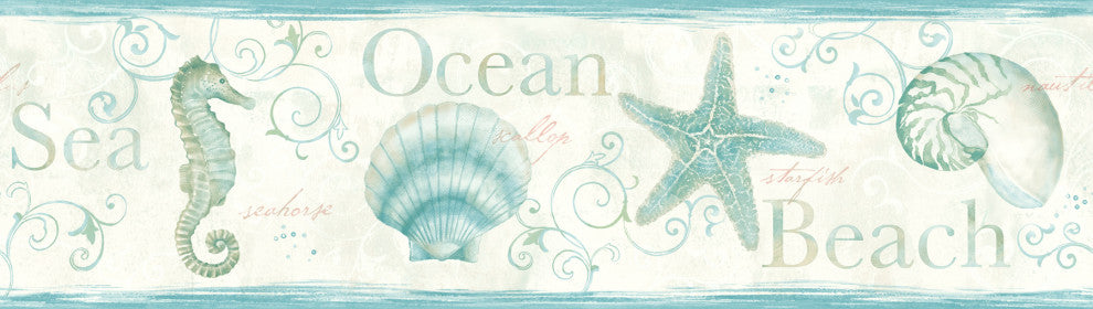 Island Bay Teal Seashells Border Wallpaper, Bolt
