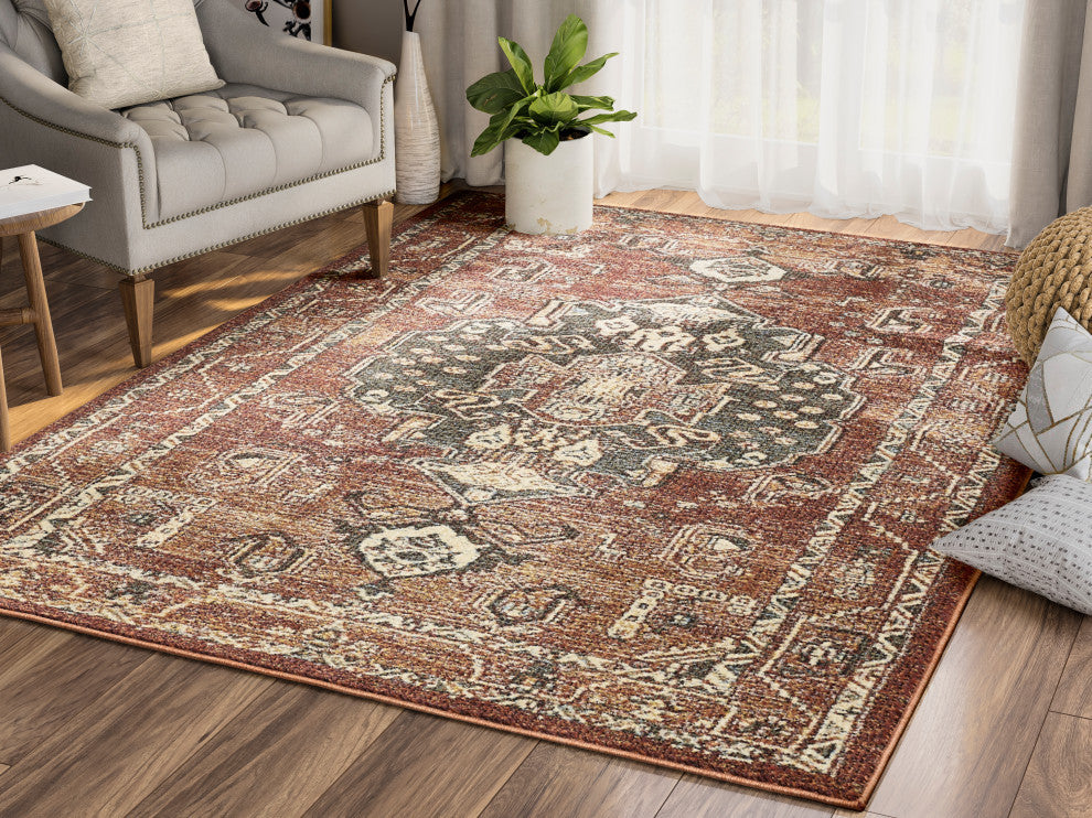 Abani Mesa MES120A Orange Rust Medallion Distressed Area Rug
