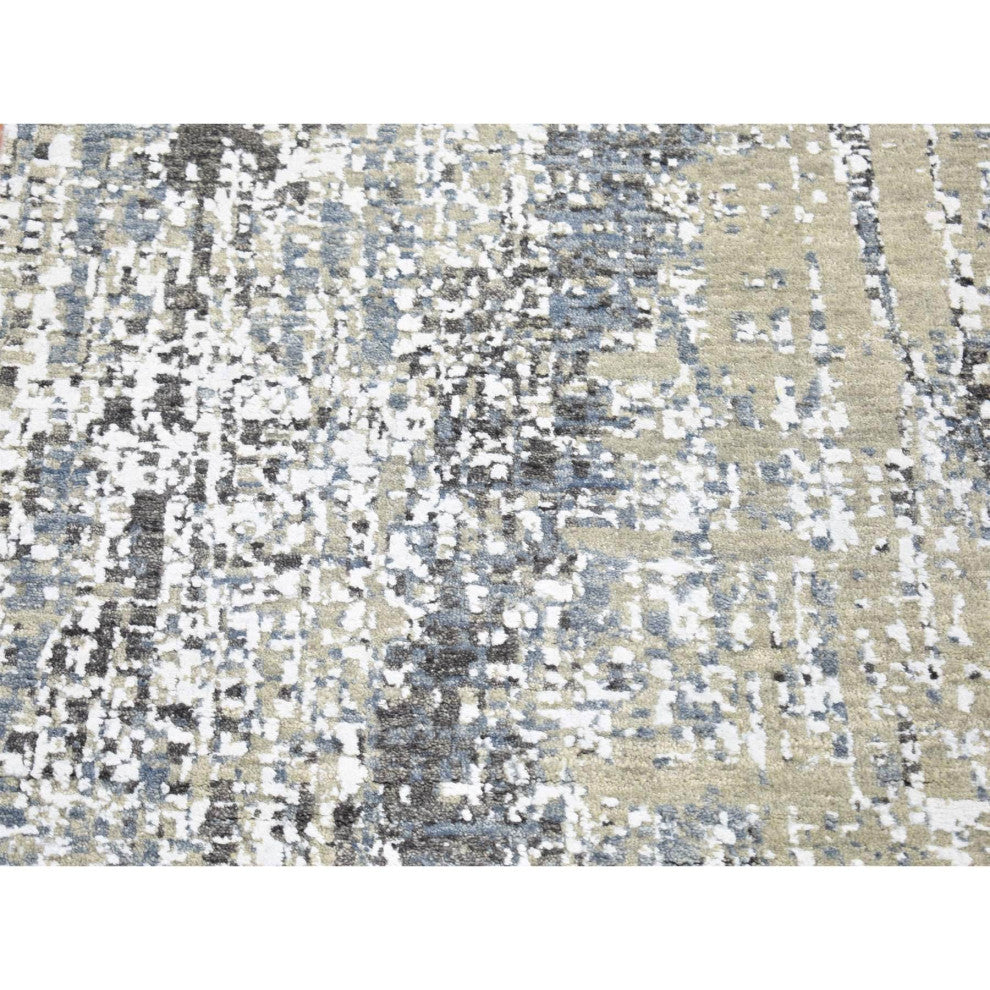 Beige, Modern Abstract Design, Hand Knotted Pure Wool, Runner Rug, 2'6"x10'1"