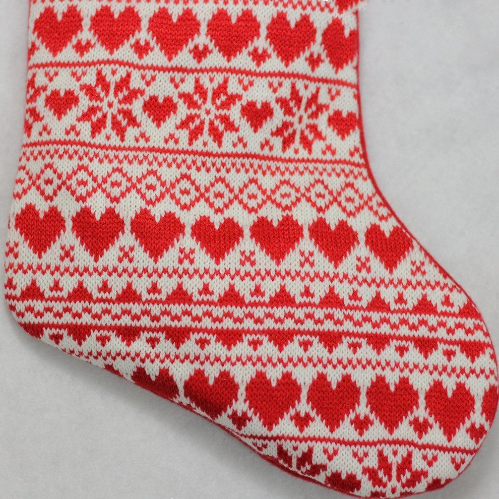 15" Heart and Snowflake Knit Christmas Stocking With White Cuff