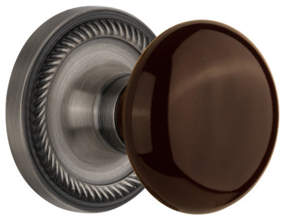 Rope Rosette Passage Brown Porcelain Knob, Antique Pewter