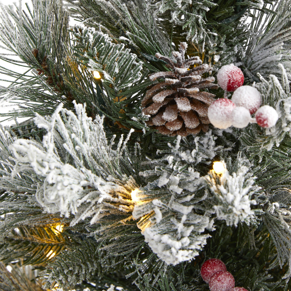2' Flocked Faux Xmas Tree W/30 Lights, 73 Bendable Branches, Pinecones & Berries
