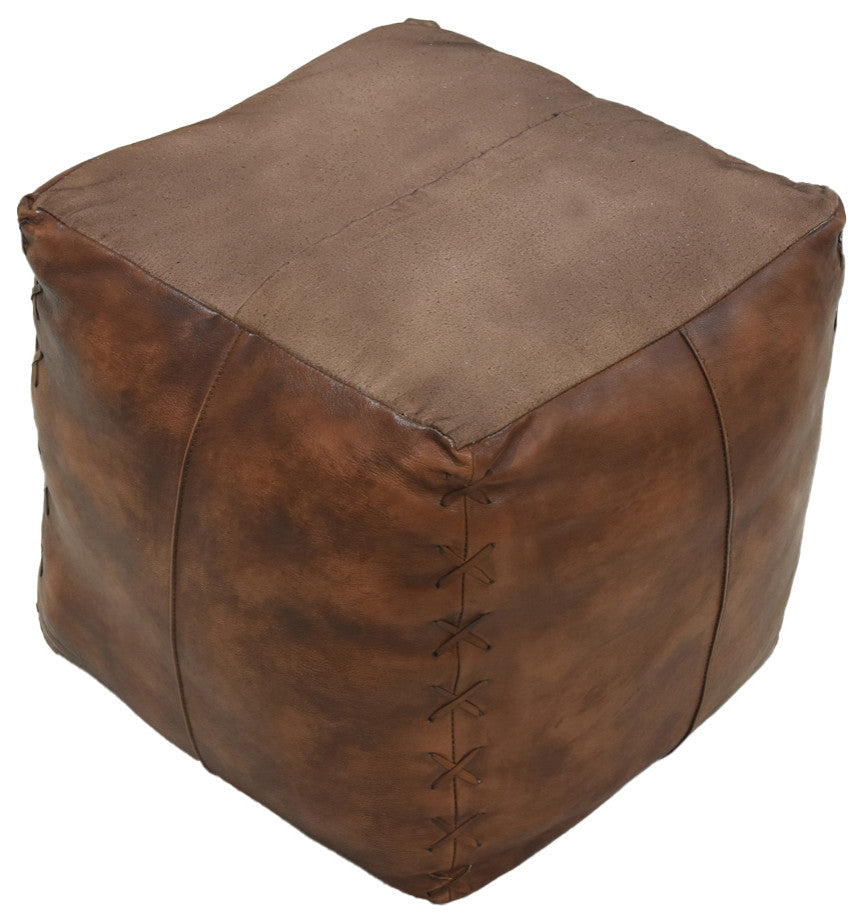 Handmade Leather Square Pouf (Recycled Foam with Fibre Fill) Antique Brown Color, 14x14x14
