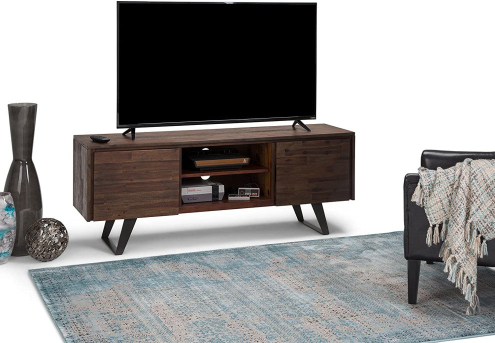 Industrial TV Stand, Metal Legs and Acacia Wood Body, Distressed Charcoal Brown