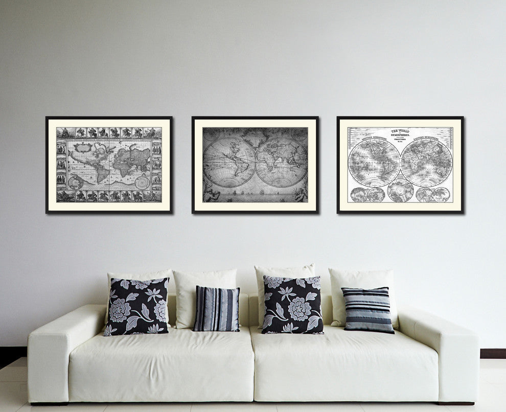 Vintage World Vintage Map Print On Canvas With Black Custom Frame, 28" X 37"