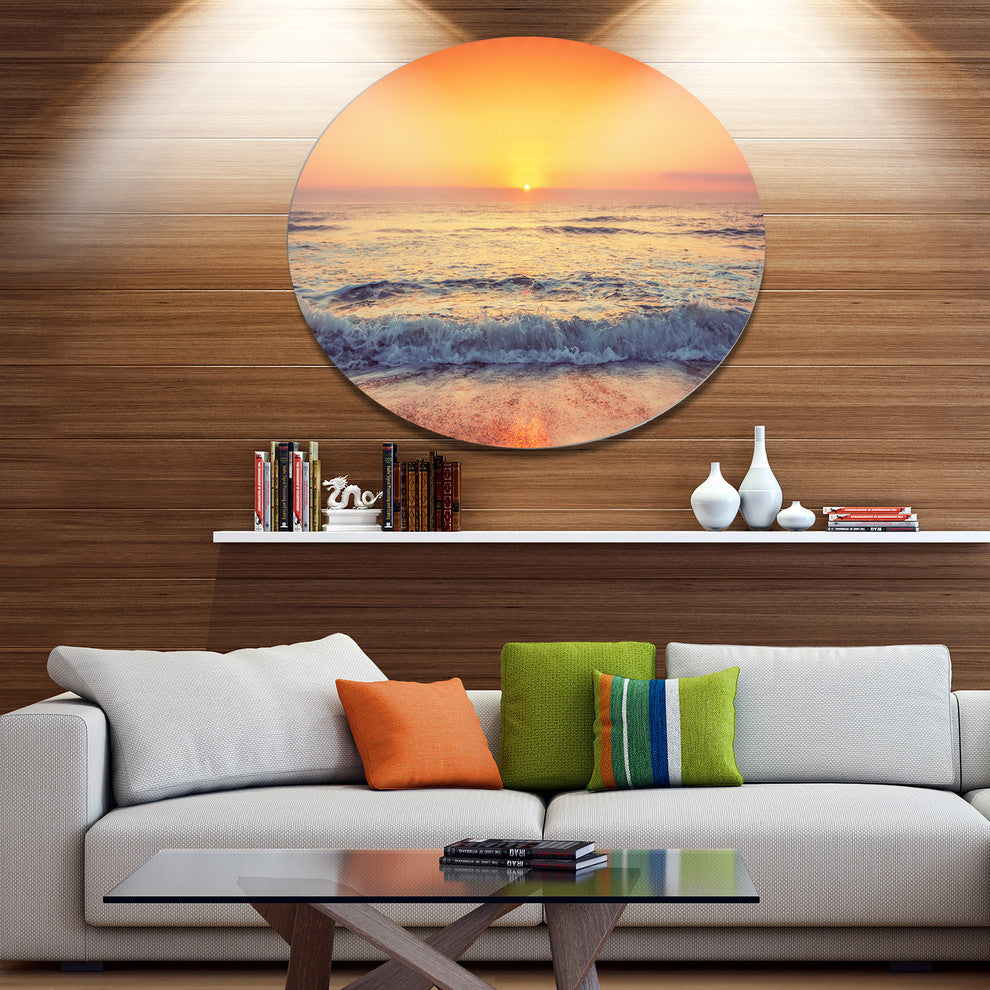 Yellow Cloudscape Over Seashore, Beach Round Metal Wall Art, 36"