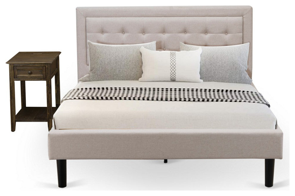 2Pc Platform Bedroom Set, 1 Bed, Nightstand, Mist Beige