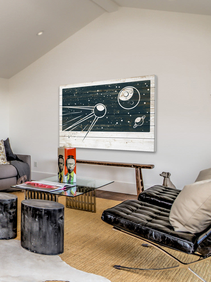 "Sputnik's Orbit" Painting Print on White Wood