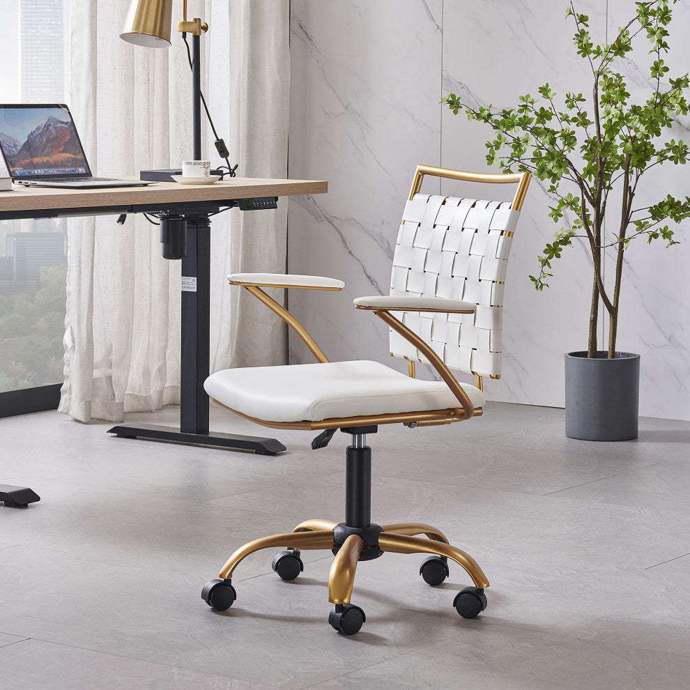 LUXMOD Classy Goldtone Adjustable Swivel Ergonomic Desk Chair, White