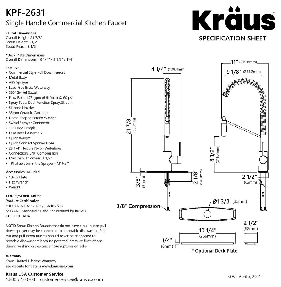 Oletto Commercial Pull-Down 1-Hole Kitchen Faucet, Brass