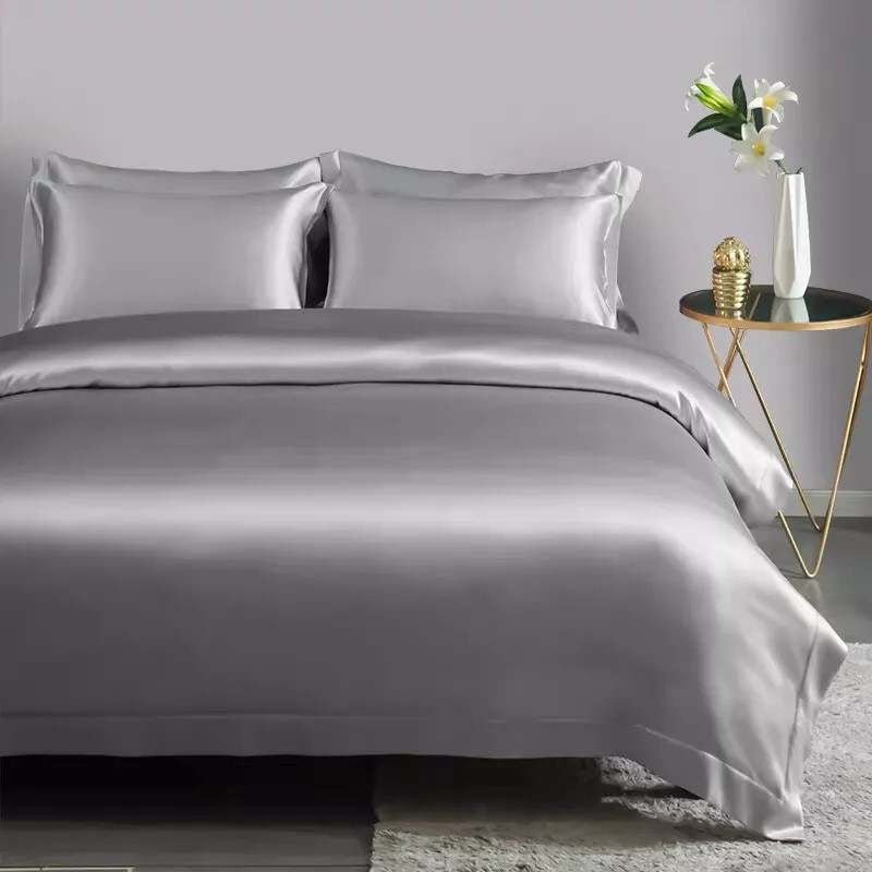 22MM 4PCS Mulberry Silk Bedding Set, Silver, King