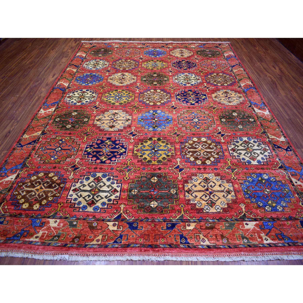 Red Turkeman Ersari with Geometric Design Hand Knotted Pure Wool Rug 8'8"x11'7"