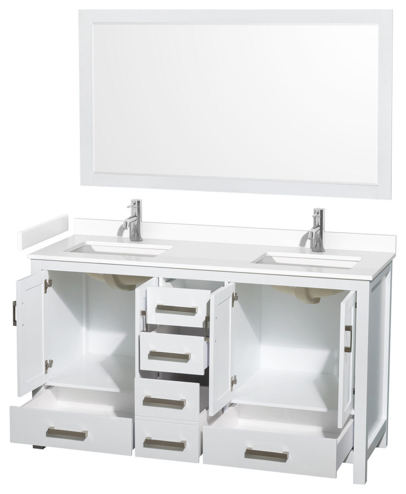 60"DBL Bathroom Vanity White, White Cult. Marble Countertop, Sinks, 58" Mirror