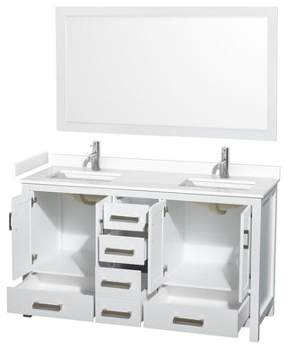 60"DBL Bathroom Vanity White, White Cult. Marble Countertop, Sinks, 58" Mirror