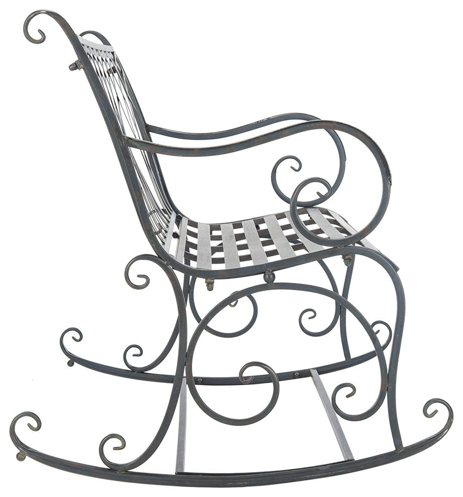 Outdoor Rocking Bench, Metal Construction and Scrollwork in Black Rust Finish