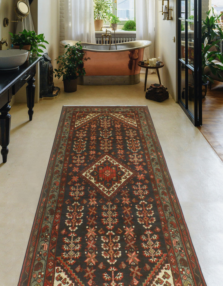 Fine Vintage Distressed Talha Charcoal/Red Runner, 3'8 x 9'4