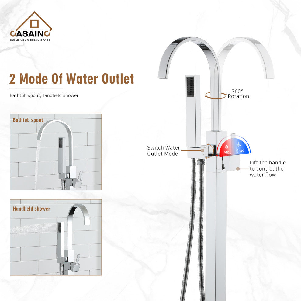 Floor Mount Bathtub Faucet with Hand Shower, Chrome